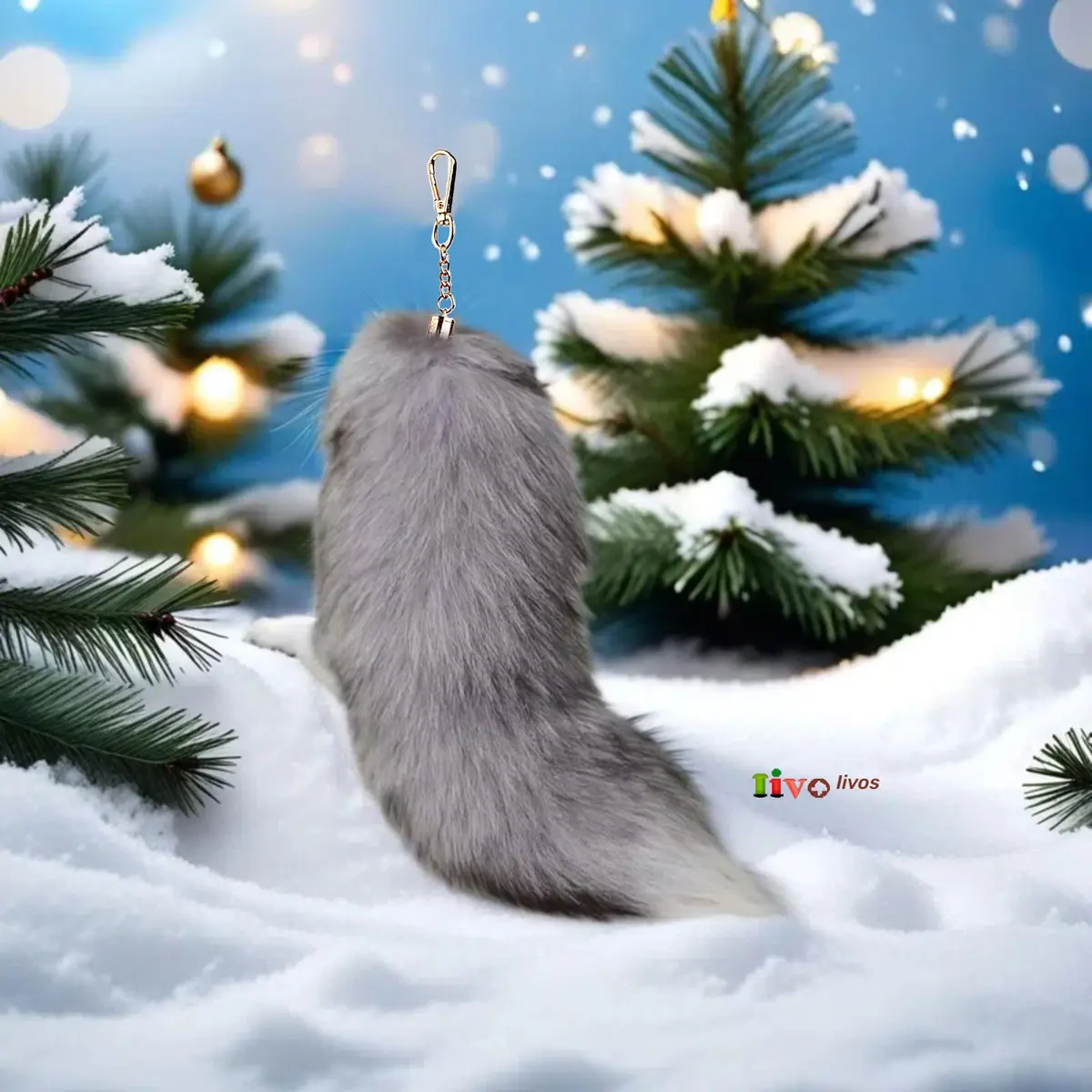 Iivos Fluffy Therian Fox Tail Keychain - Silver Blue Tail 01 - 40.6-45.7 cm (16-18 inches) - view 5