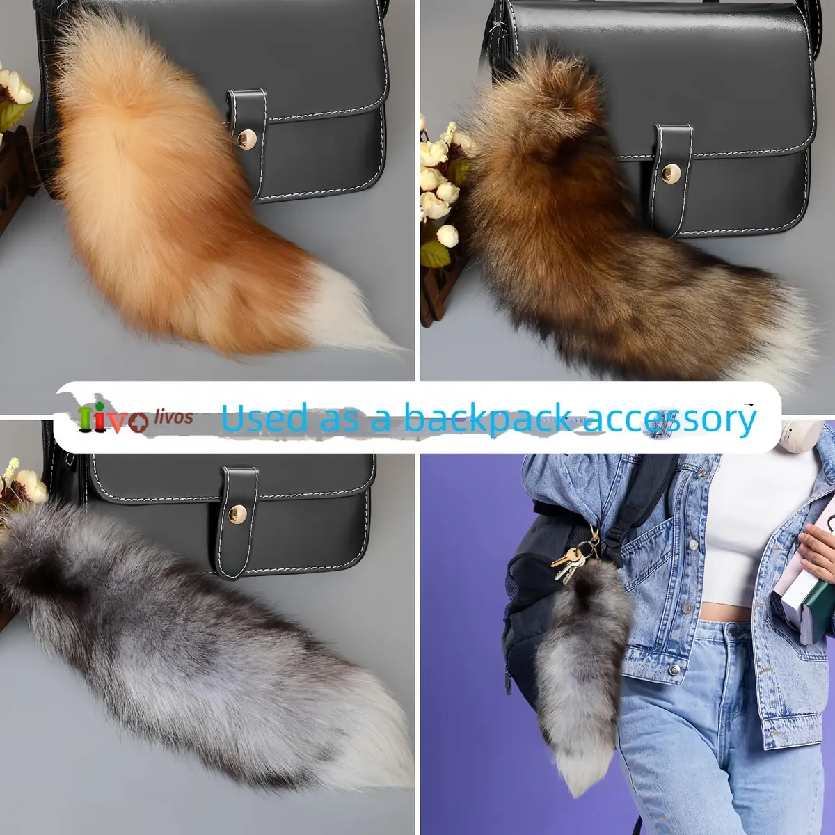 Iivos Fluffy Therian Fox Tail Keychain - Silver Blue Tail 01 - 40.6-45.7 cm (16-18 inches) - view 6