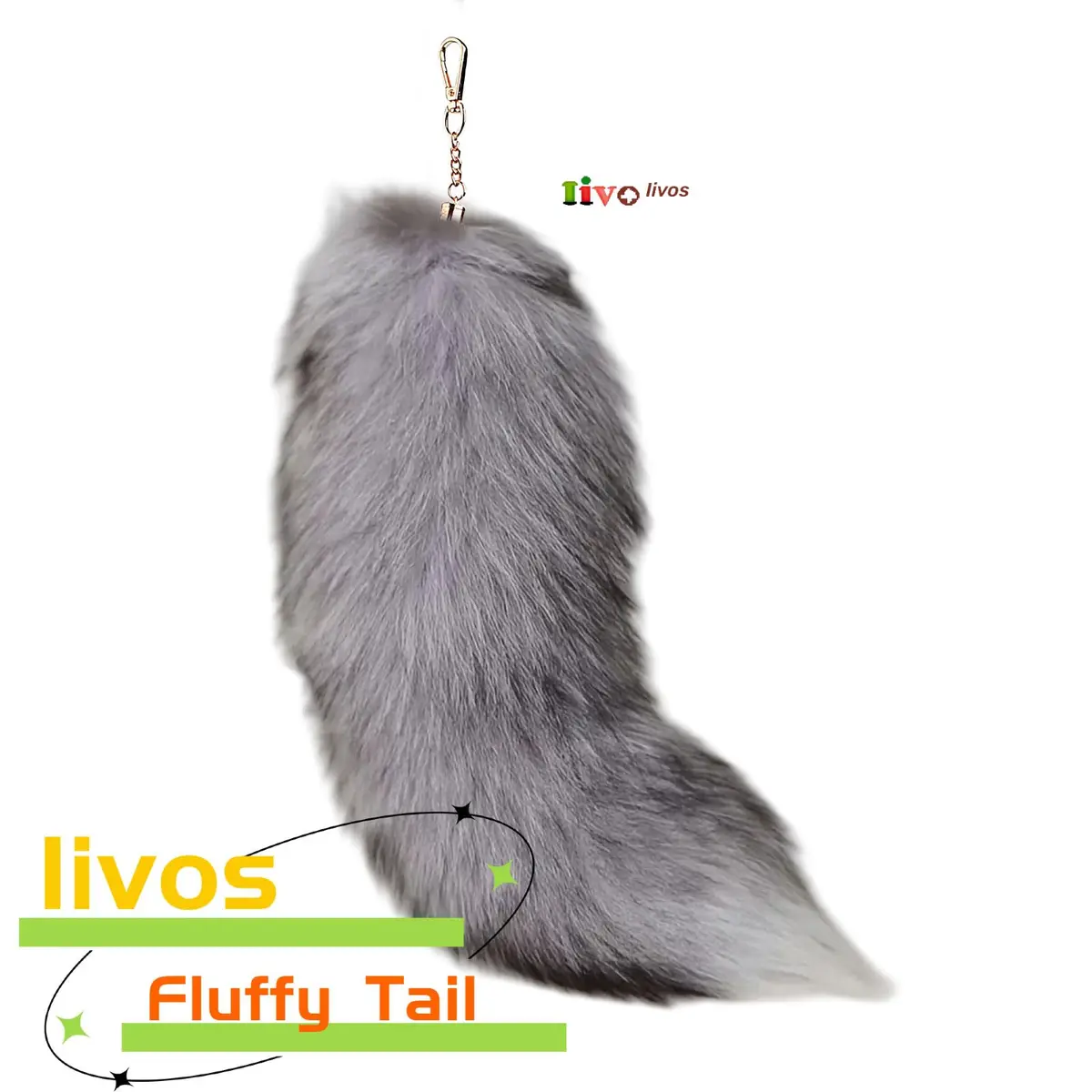 Iivos Fluffy Therian Fox Tail Keychain - Silver Blue Tail 01 - 40.6-45.7 cm (16-18 inches) - view 2