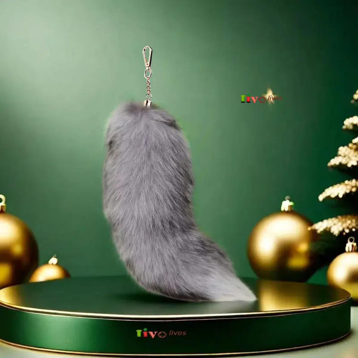 Iivos Fluffy Therian Fox Tail Keychain - Silver Blue Tail 01 - 40.6-45.7 cm (16-18 inches) - view 4