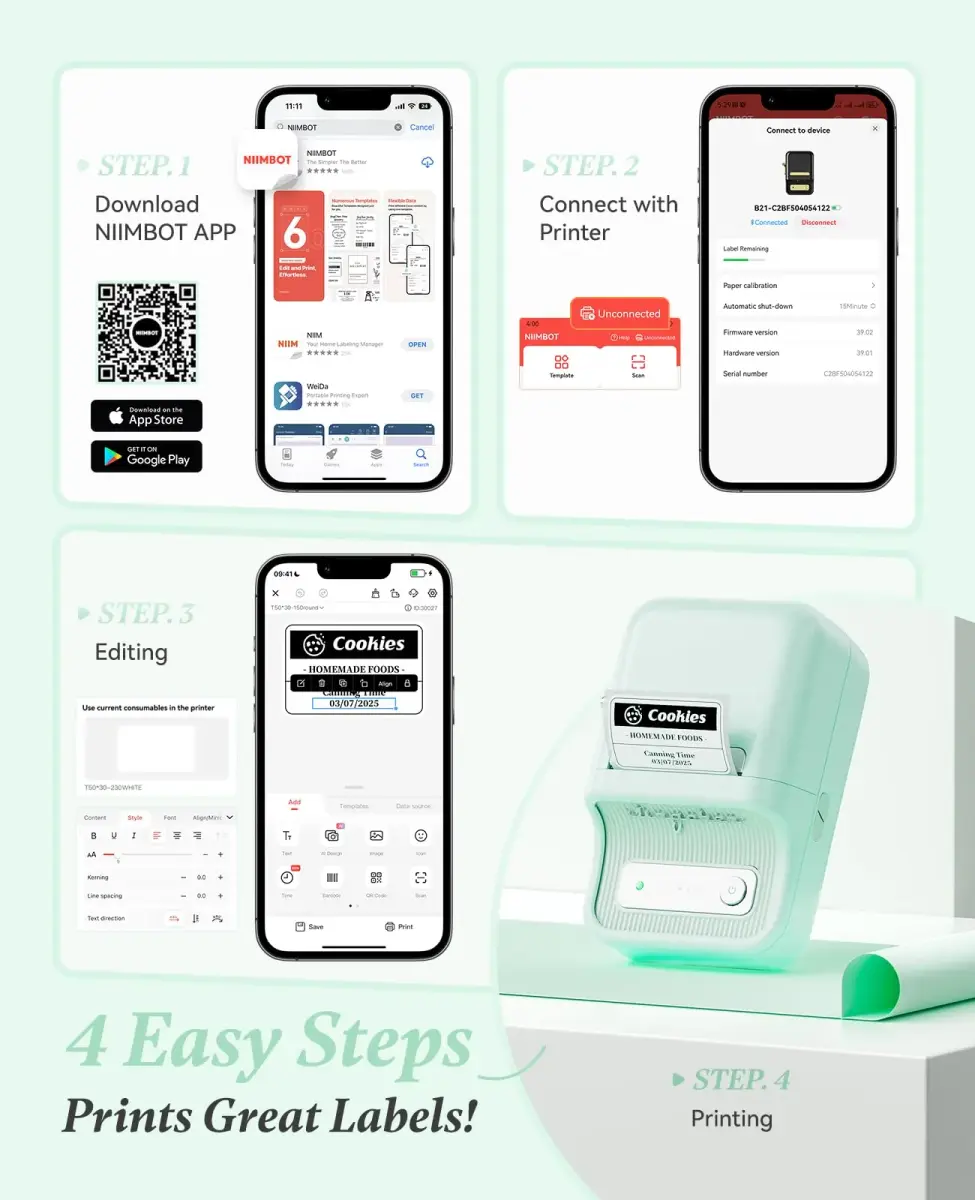 NIIMBOT B21 Label Maker Mint Green | Portable Inkless Thermal Printer 50x30mm (230 Labels) - view 8