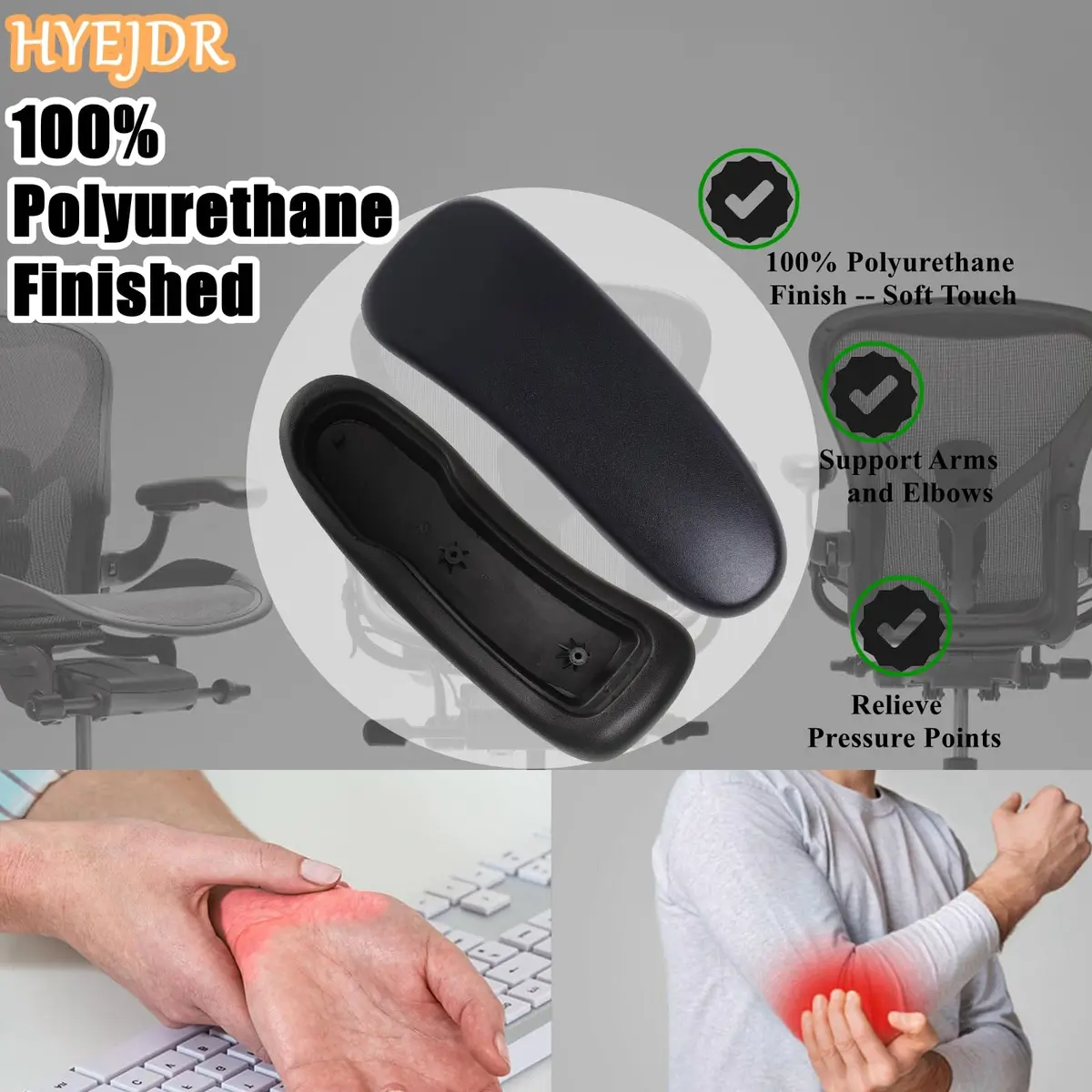 HYEJDRV Chair Armrest Replacement for Herman Miller Aeron, Graphite Black | Ergonomic & Easy Install (70-120 chars) - view 5