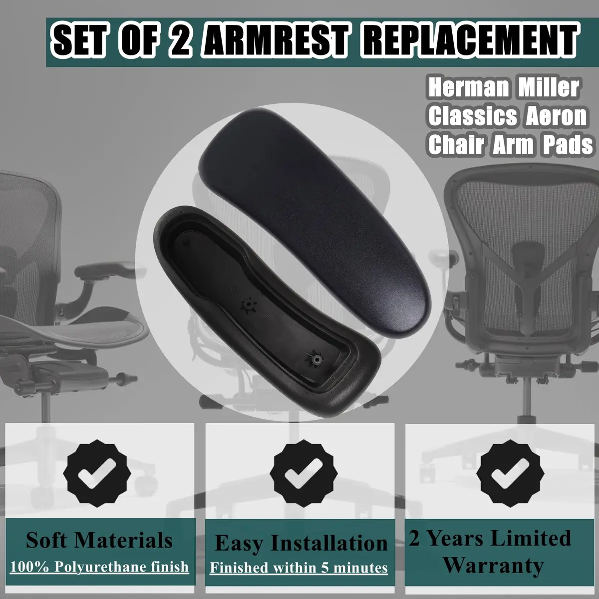 HYEJDRV Chair Armrest Replacement for Herman Miller Aeron, Graphite Black | Ergonomic & Easy Install (70-120 chars) - view 2