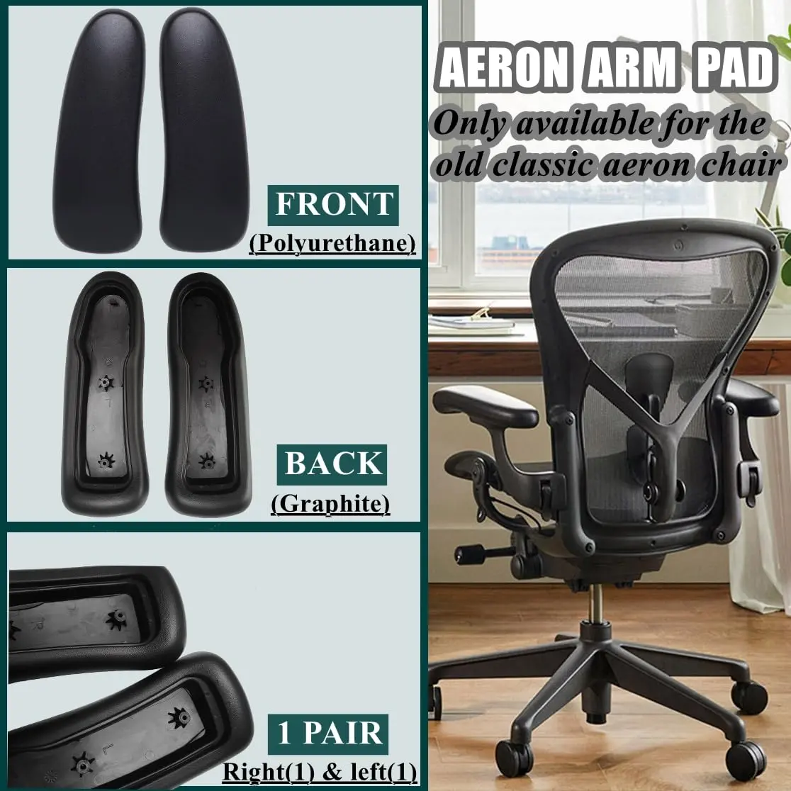 HYEJDRV Chair Armrest Replacement for Herman Miller Aeron, Graphite Black | Ergonomic & Easy Install (70-120 chars) - view 3
