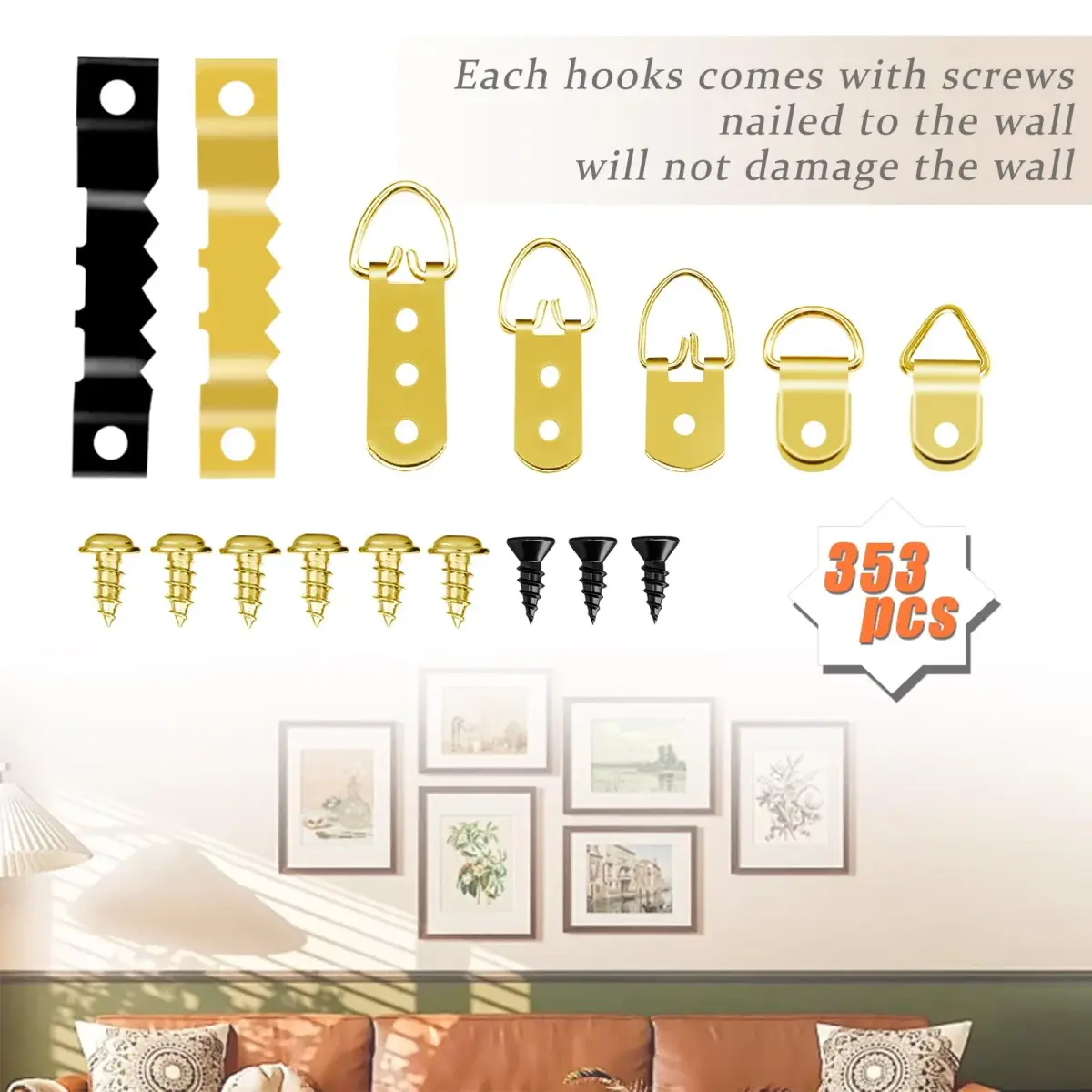 Dianrui 353PCS Picture Hanging Kit with Screws, Saw-Tooth, D Ring Picture Hangers Assortment, Picture Hanging Hardware Tool for Frame Hanging - 7 Models | 200g (0.44 lb) - view 5