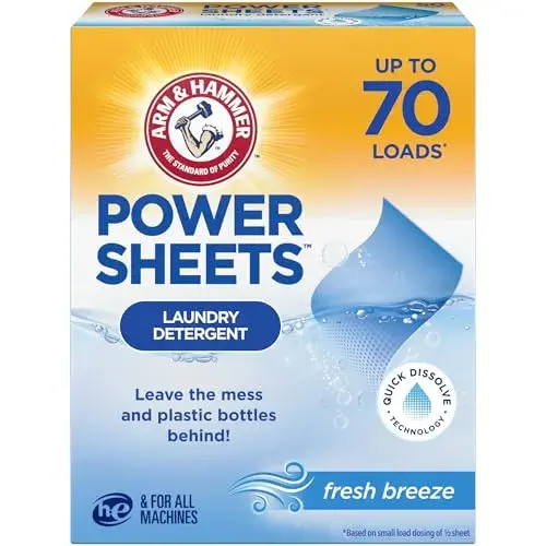 ARM & HAMMER Power Sheets Laundry Detergent, Fresh Breeze, 35 Count | HE Compatible, Plastic-Free Sheets - main product image