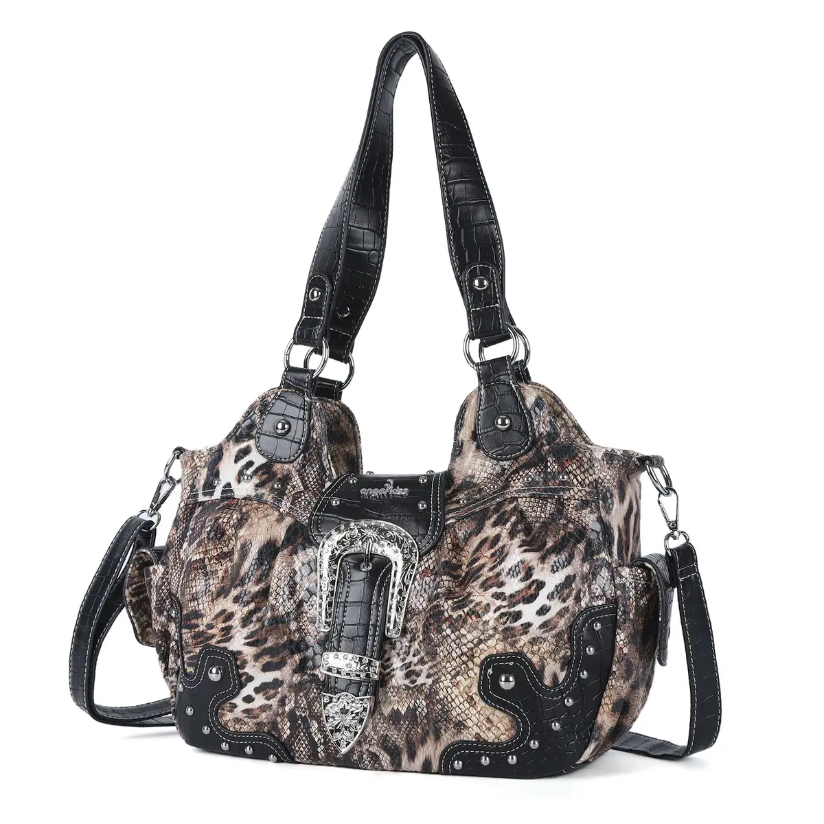Angel Kiss Hobo Bags for Women Vegan Leather Purses and Handbags Ladies Chic Shoulder Bags Crossbody Purses with Metal Studs (Large, Brown/Black Leopard) - main product image