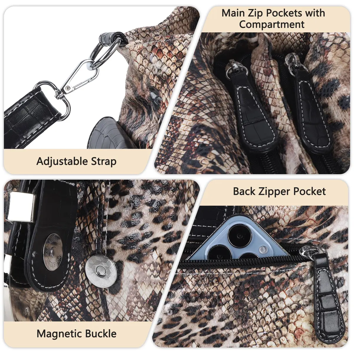 Angel Kiss Hobo Bags for Women Vegan Leather Purses and Handbags Ladies Chic Shoulder Bags Crossbody Purses with Metal Studs (Large, Brown/Black Leopard) - view 6