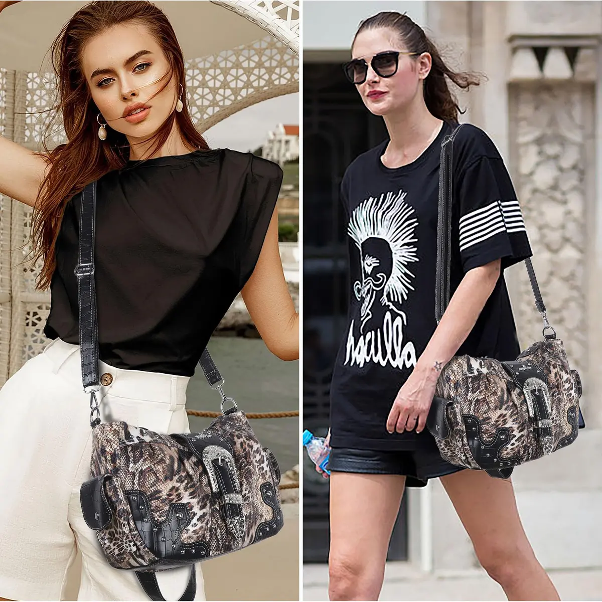 Angel Kiss Hobo Bags for Women Vegan Leather Purses and Handbags Ladies Chic Shoulder Bags Crossbody Purses with Metal Studs (Large, Brown/Black Leopard) - view 7