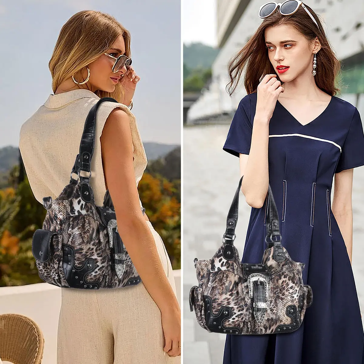 Angel Kiss Hobo Bags for Women Vegan Leather Purses and Handbags Ladies Chic Shoulder Bags Crossbody Purses with Metal Studs (Large, Brown/Black Leopard) - view 2