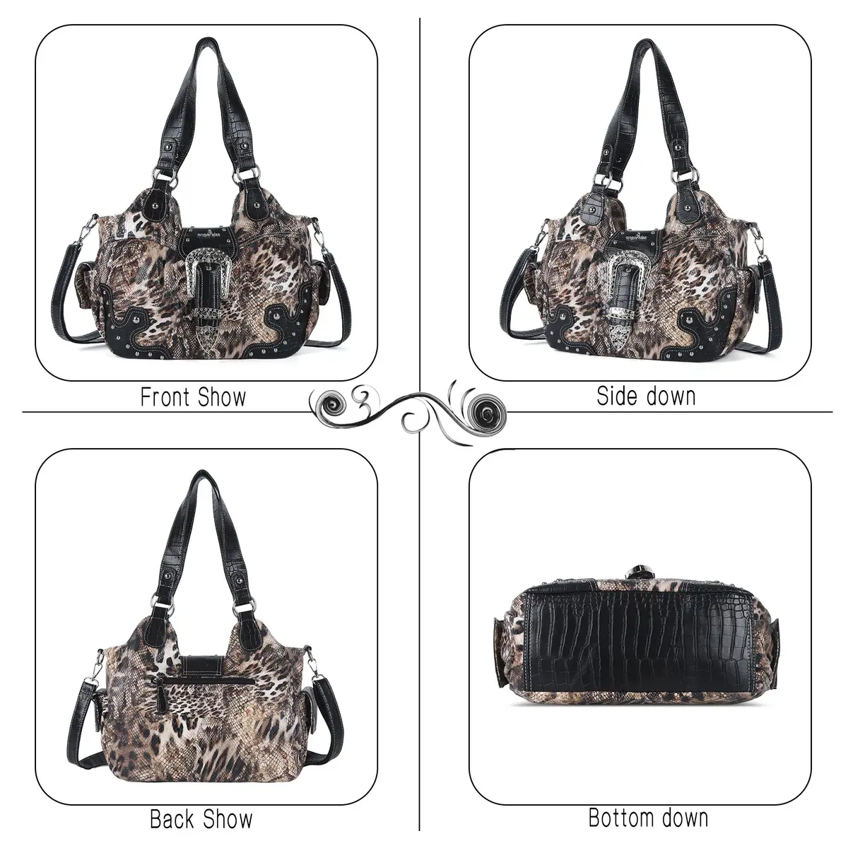 Angel Kiss Hobo Bags for Women Vegan Leather Purses and Handbags Ladies Chic Shoulder Bags Crossbody Purses with Metal Studs (Large, Brown/Black Leopard) - view 4
