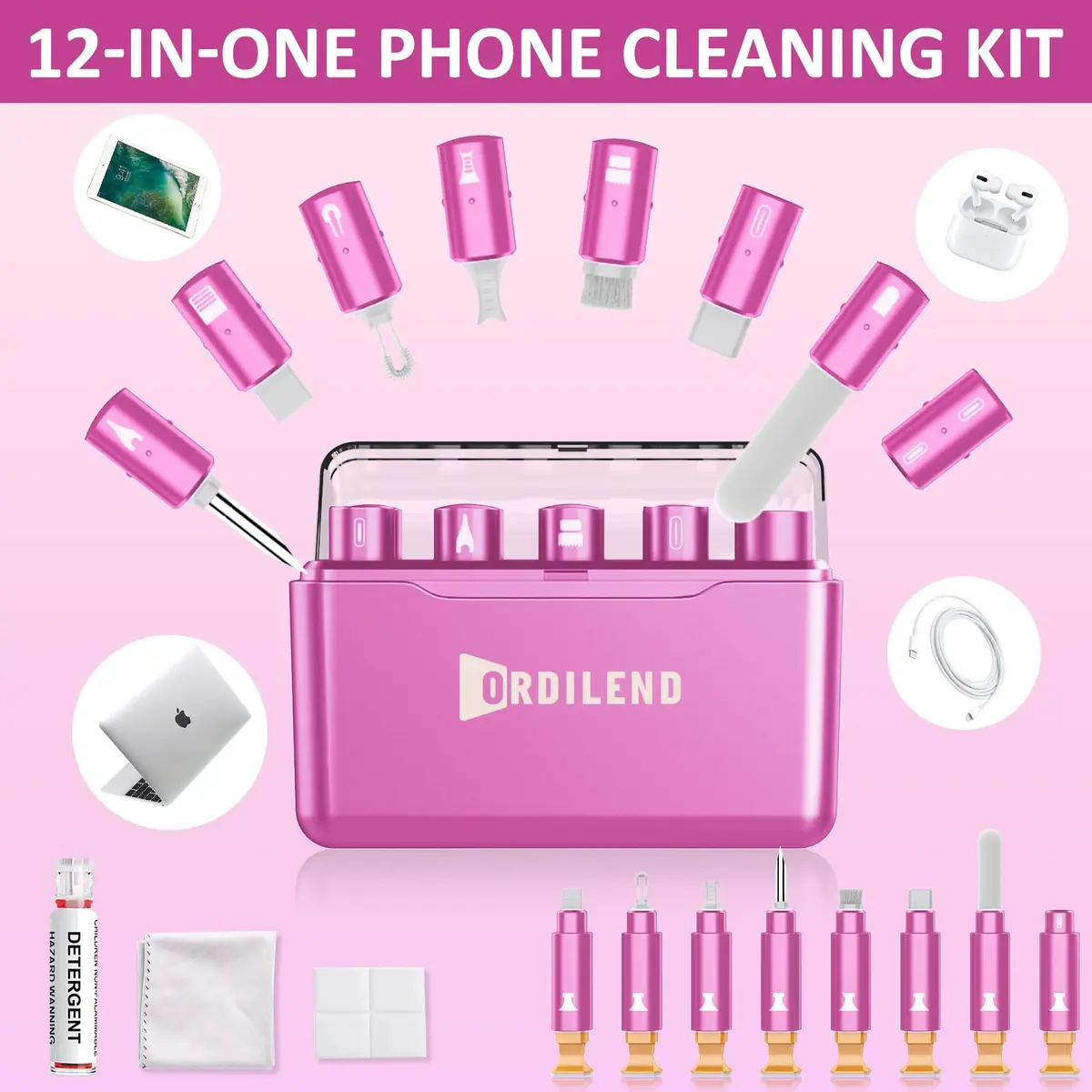 Ordilend Pink Wireless Accessory | iPhone Charging Port & AirPod Cleaner Kit - view 2