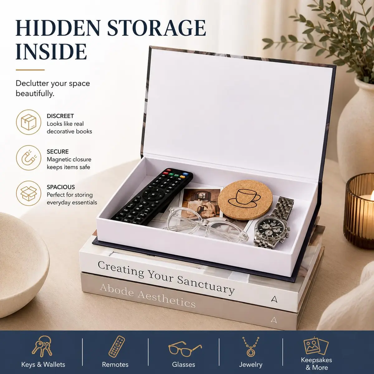 Array & Arrow Decorative Books for Home Decor, Set of 3 Faux Book Storage Boxes with Magnetic Closure, Hidden Storage for Remotes, Keepsakes, Coffee Table, Bookshelf, Living Room Decor - view 2