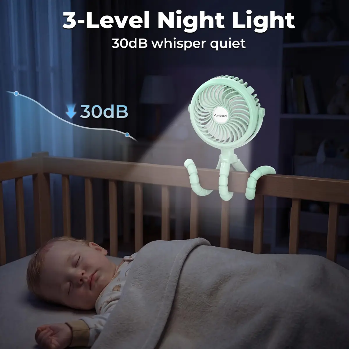 AMACOOL Battery Operated Stroller Fan, Portable Clip On Fan Rechargeable | 3 Speeds, 2600mAh Battery, LED Light - view 6