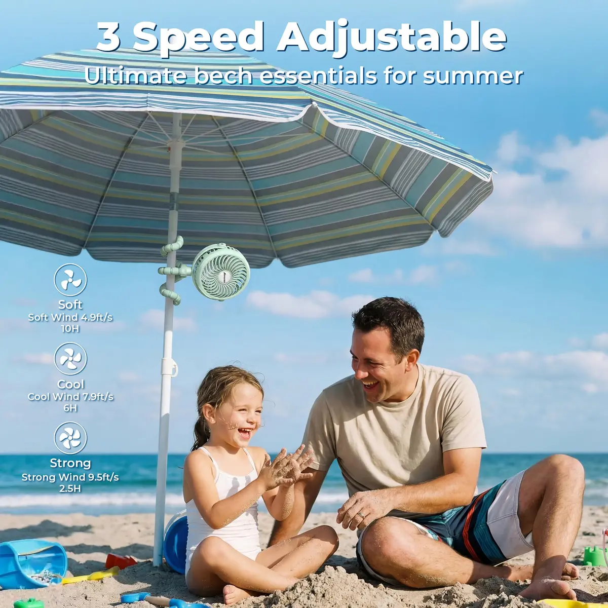 AMACOOL Battery Operated Stroller Fan, Portable Clip On Fan Rechargeable | 3 Speeds, 2600mAh Battery, LED Light - view 3