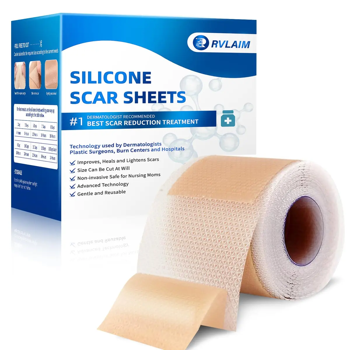 Rvlaim Silicone Scar Sheets for Surgical & Burn Scars, 3M, 1.6” x 120” Roll | Medical-Grade, Reusable & Hypoallergenic - main product image