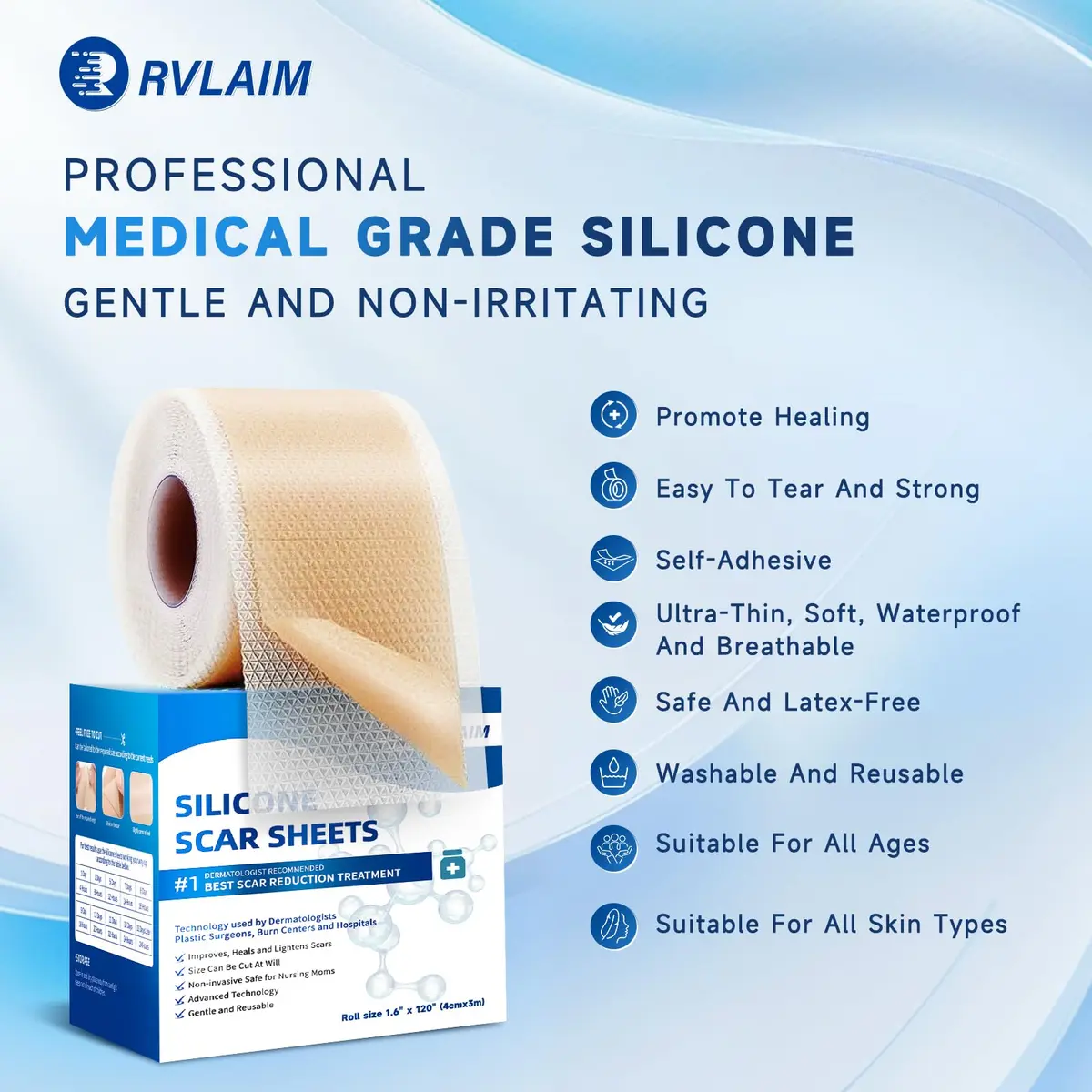 Rvlaim Silicone Scar Sheets for Surgical & Burn Scars, 3M, 1.6” x 120” Roll | Medical-Grade, Reusable & Hypoallergenic - view 2