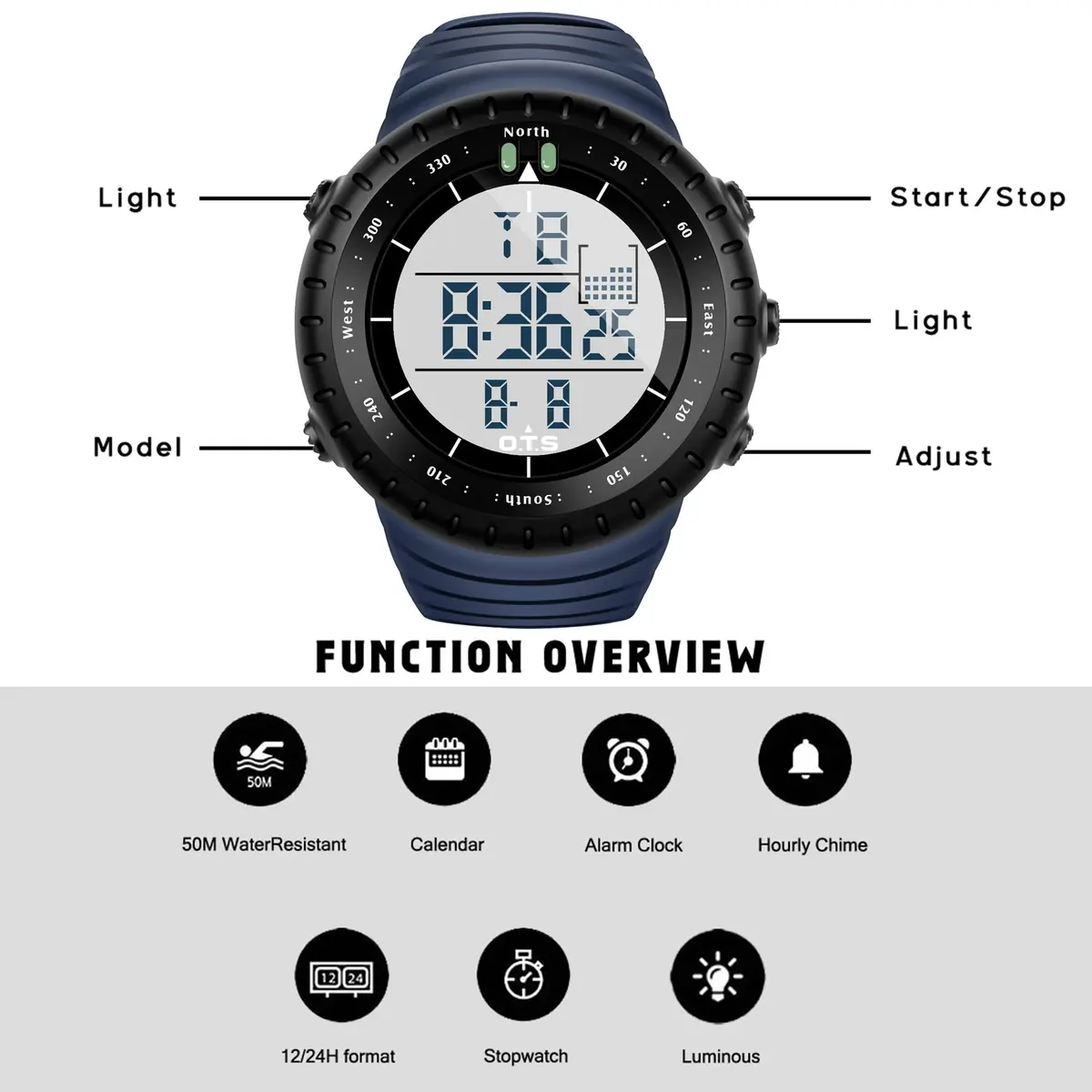 PALADA Men's Digital Sports Watch 50mm (1.97in) | Shock Resistant, 50M Water Resistant, LED Backlight - view 3