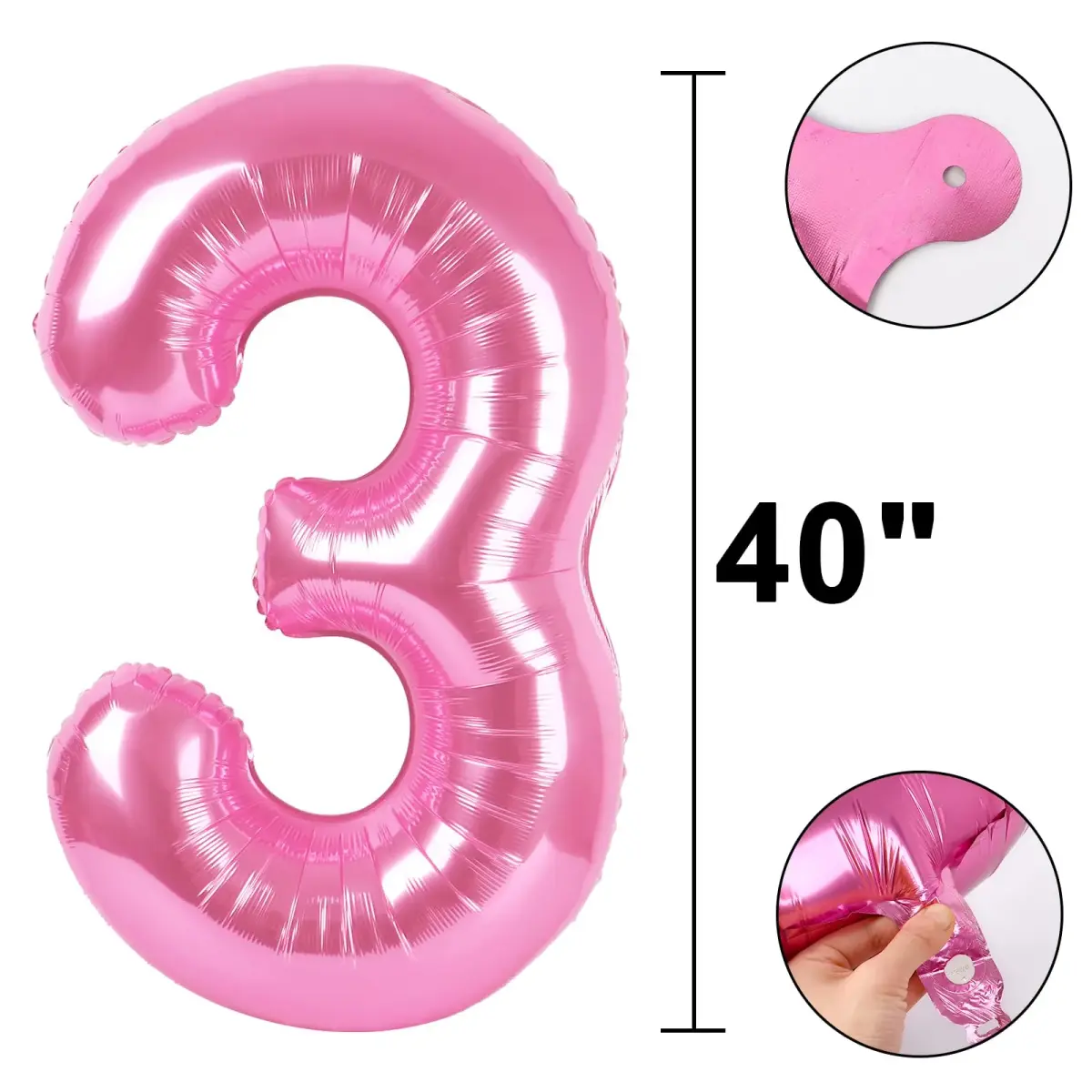 Kelfuoya Pink Number 3 Balloon 40 Inch | Reusable Foil Digital Helium Balloon - view 2