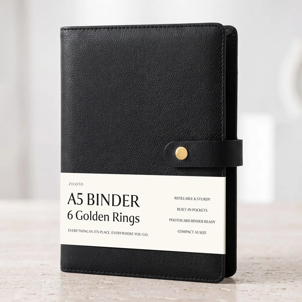ZICOTO Aesthetic A5 Binder with 6 Golden Rings | Refillable Organizer for Notes & Cards - main product image