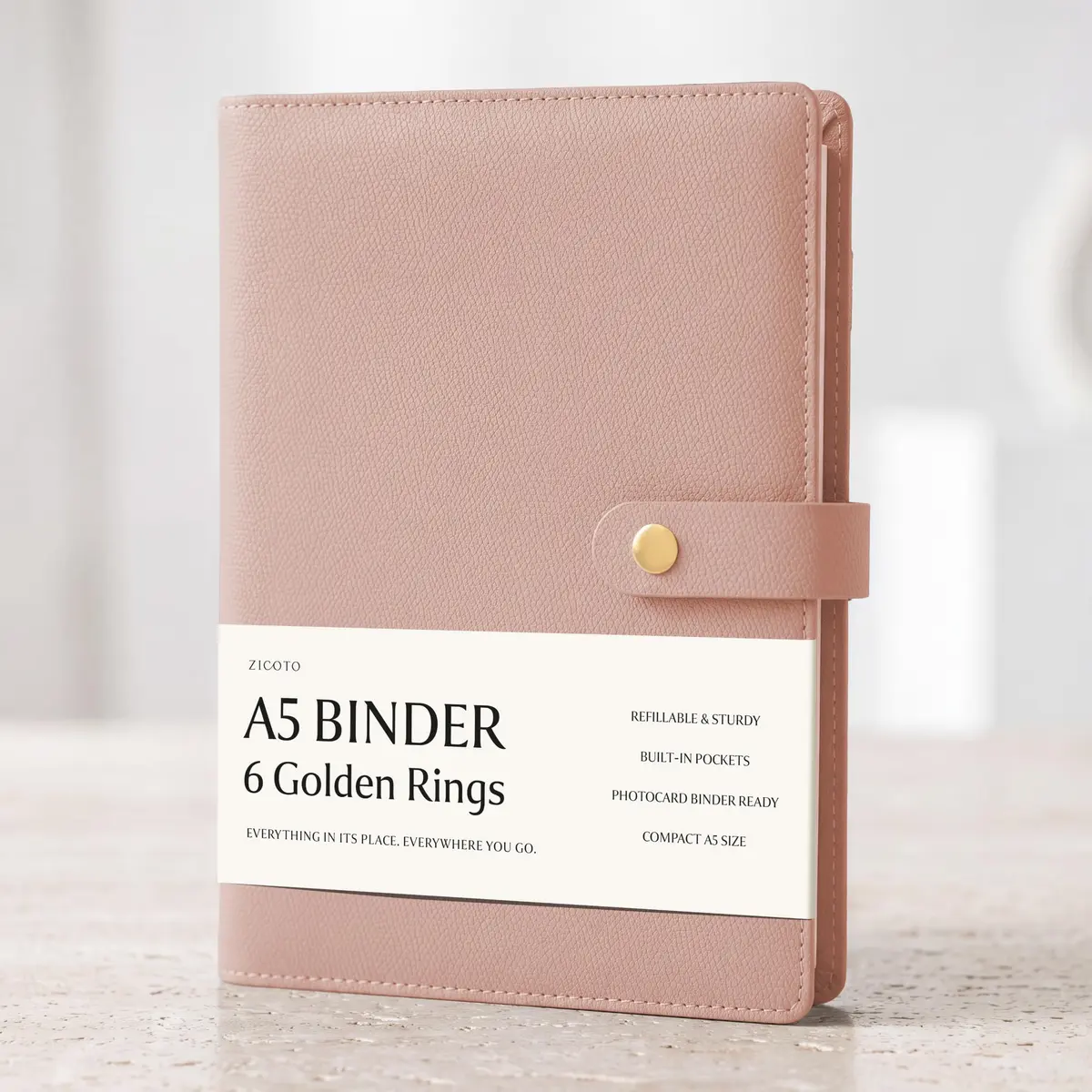 ZICOTO Aesthetic A5 Binder with 6 Golden Rings | Refillable Organizer with Pockets (70-120 chars) - main product image