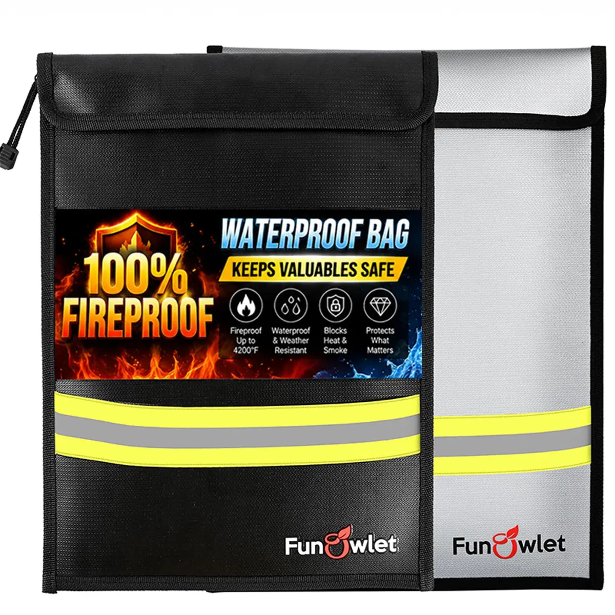 FunOwlet Fireproof Waterproof Money Document Bag, 15" x 11" | Fire & Water Resistant Organizer - main product image