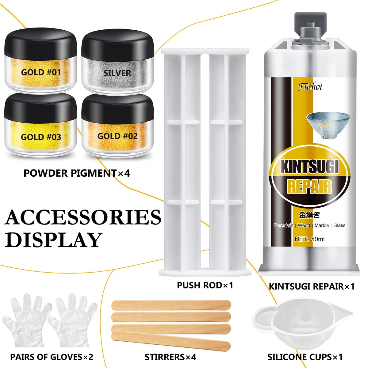 Fuchoi Kintsugi Repair Kit Gold & Silver | Food Safe Ceramic Glue for Broken Pottery, 50ml - view 2