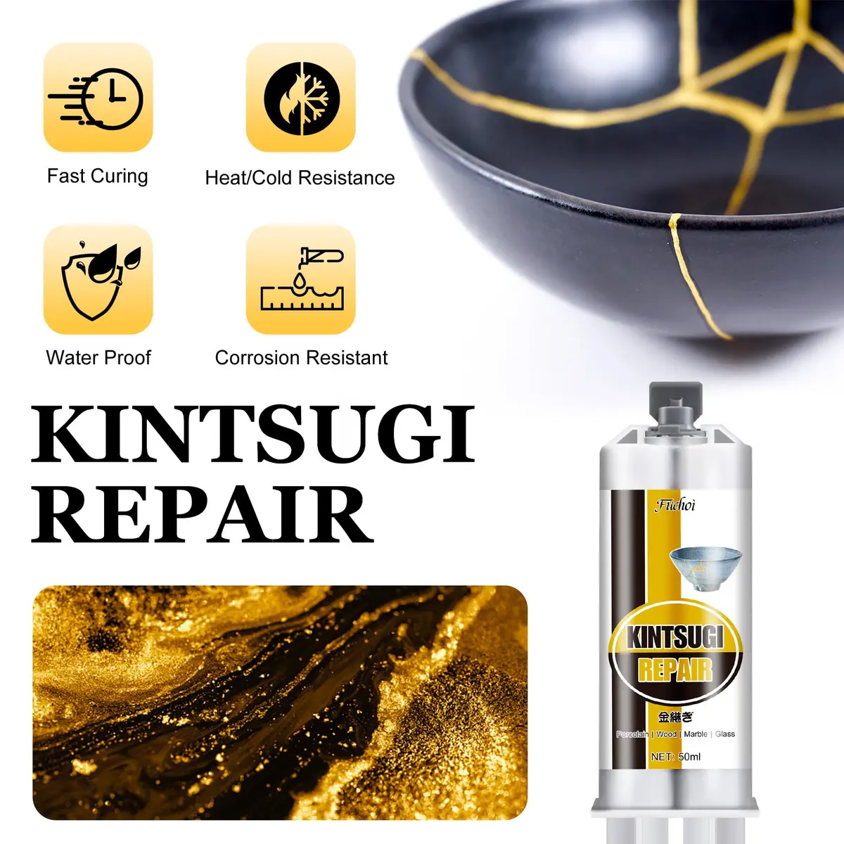 Fuchoi Kintsugi Repair Kit Gold & Silver | Food Safe Ceramic Glue for Broken Pottery, 50ml - view 3