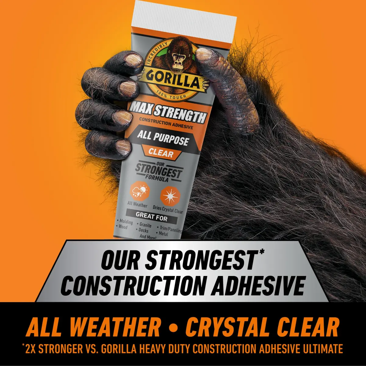 Gorilla Max Strength Clear Construction Adhesive 207ml (7 oz) | Bonds Wood, Metal, Tile, Stone, Glass, Mirror, Concrete - view 2