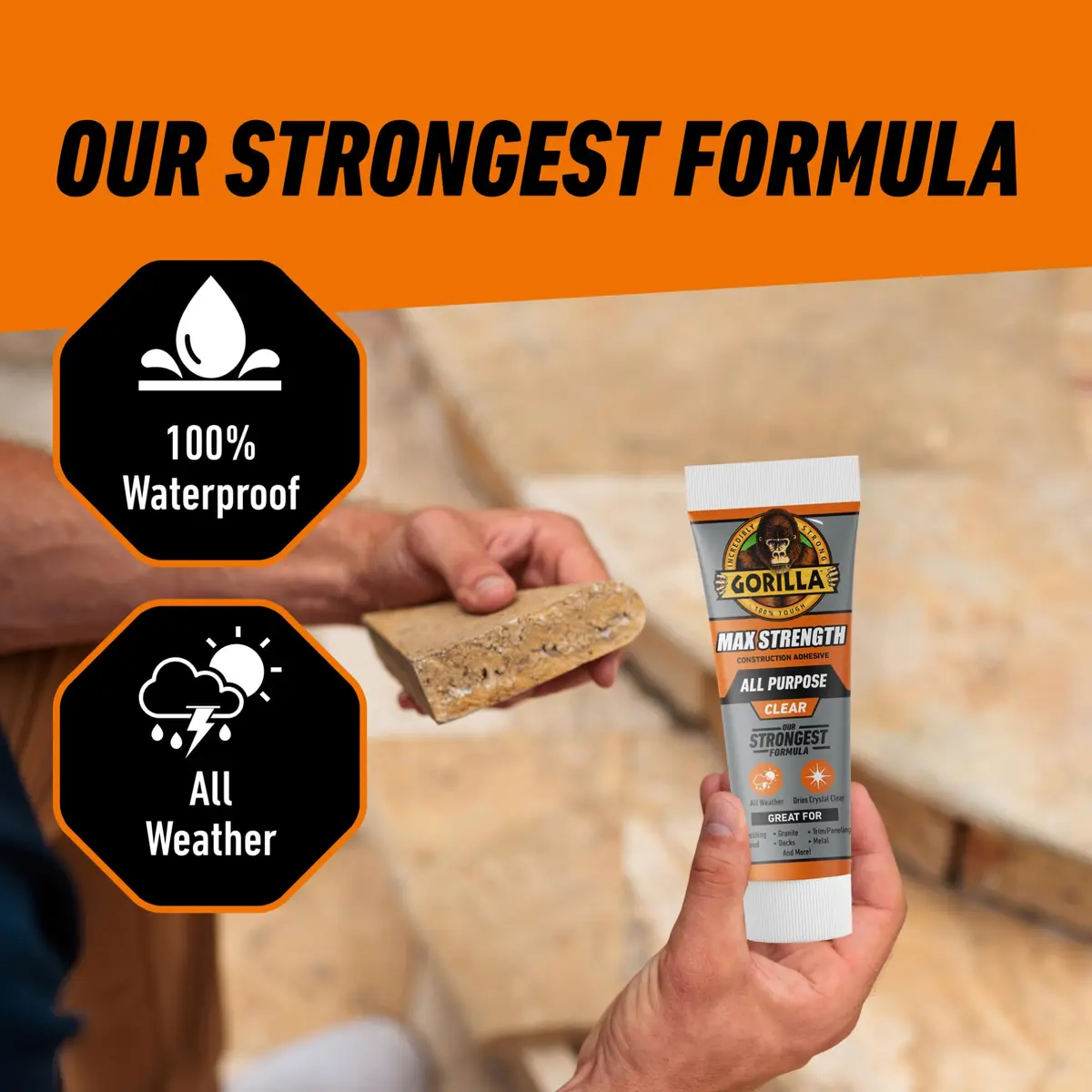 Gorilla Max Strength Clear Construction Adhesive 207ml (7 oz) | Bonds Wood, Metal, Tile, Stone, Glass, Mirror, Concrete - view 4