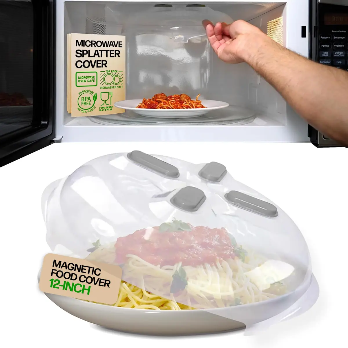 HOVER COVER Magnetic Microwave Splatter Cover for Food - 12" Heather Gray | BPA-Free, Vented, Space-Saving - main product image