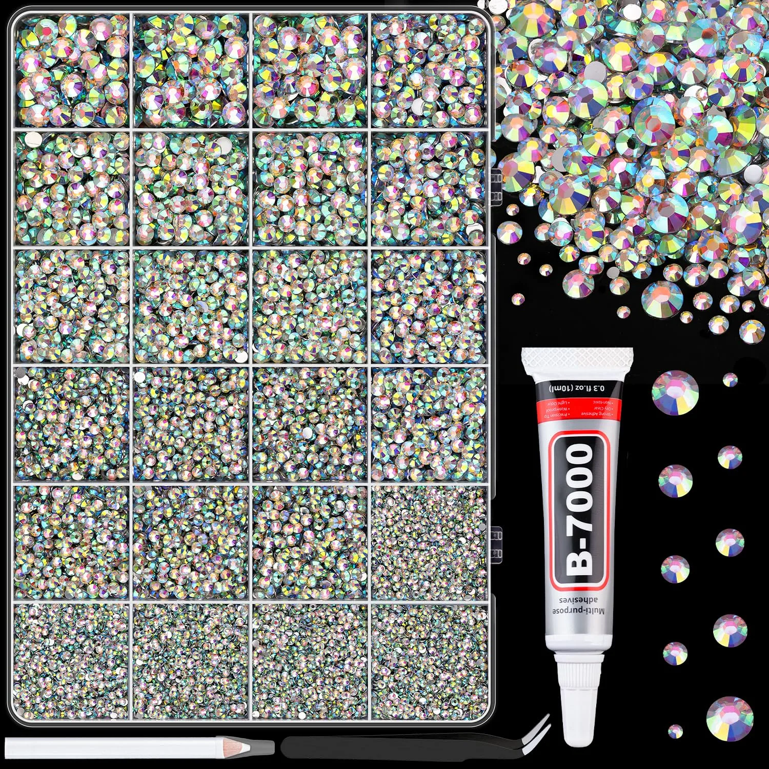 TINKRSTUFF Resin Rhinestones for Crafting, 25000Pcs AB 2-6mm Mixed Sizes Flatback Gems with 1Pcs Glue | DIY Craft & Nail Art - main product image