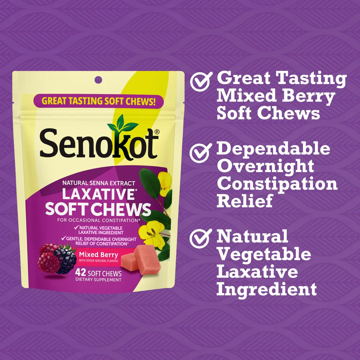 Senokot Laxative Soft Chews, Mixed Berry 42 Chews | Gentle Overnight Relief for Occasional Constipation - view 2