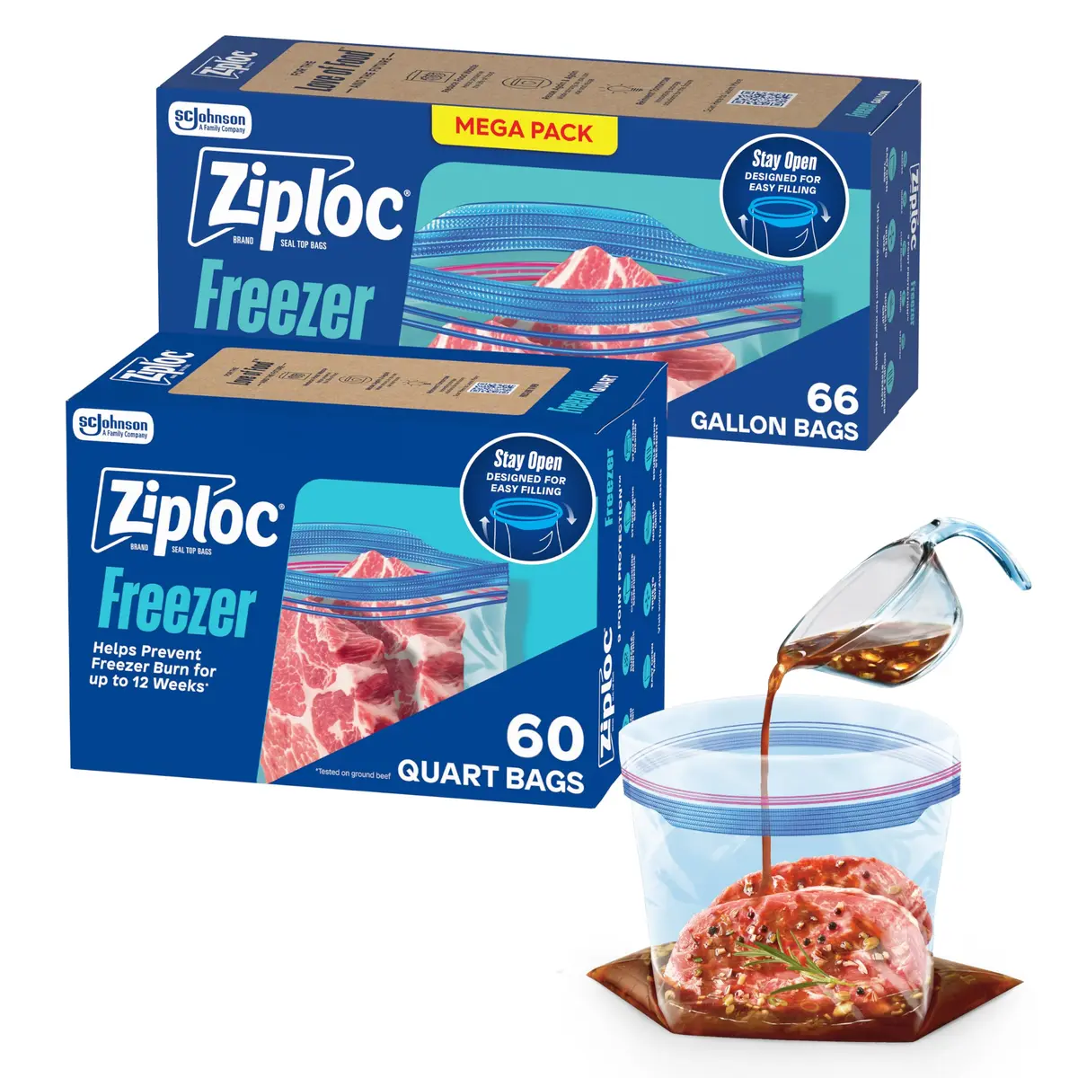 Ziploc Gallon and Quart Freezer Storage Bags, Stay Open Design, Easy to Fill, 126 Count (66 Gallon + 60 Quart) - main product image