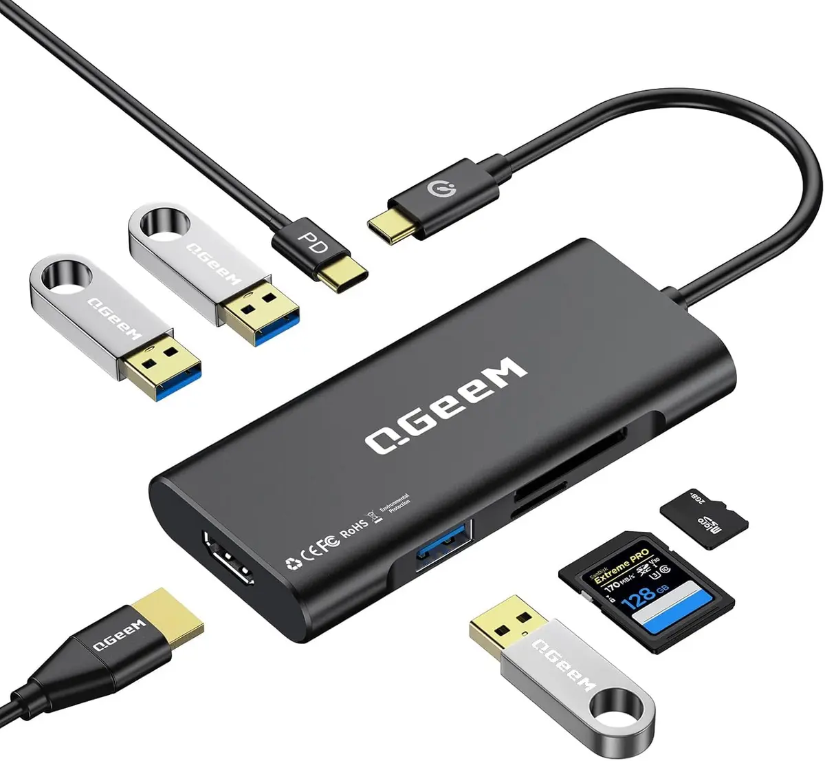 QGeeM USB C Hub 7-in-1 | 4K HDMI, 3 USB 3.0, 100W PD, Micro SD & SD Card Reader - main product image