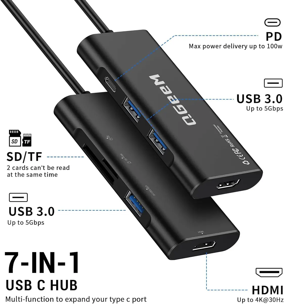 QGeeM USB C Hub 7-in-1 | 4K HDMI, 3 USB 3.0, 100W PD, Micro SD & SD Card Reader - view 2