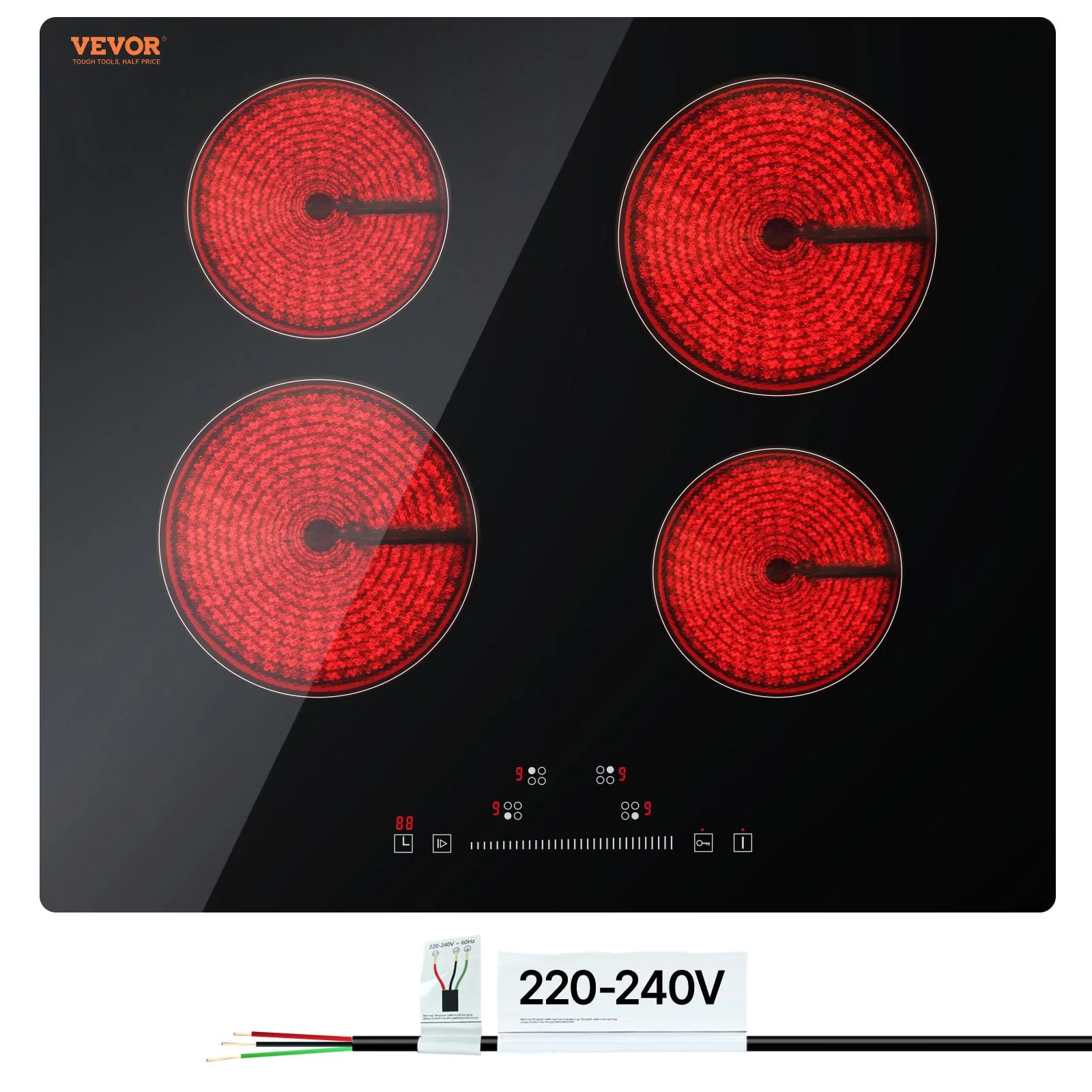 VEVOR 24-inch 4-Burner Built-in Electric Ceramic Cooktop with Touch Control, Timer & Child Lock, 220-240V | 9 Power Levels - main product image