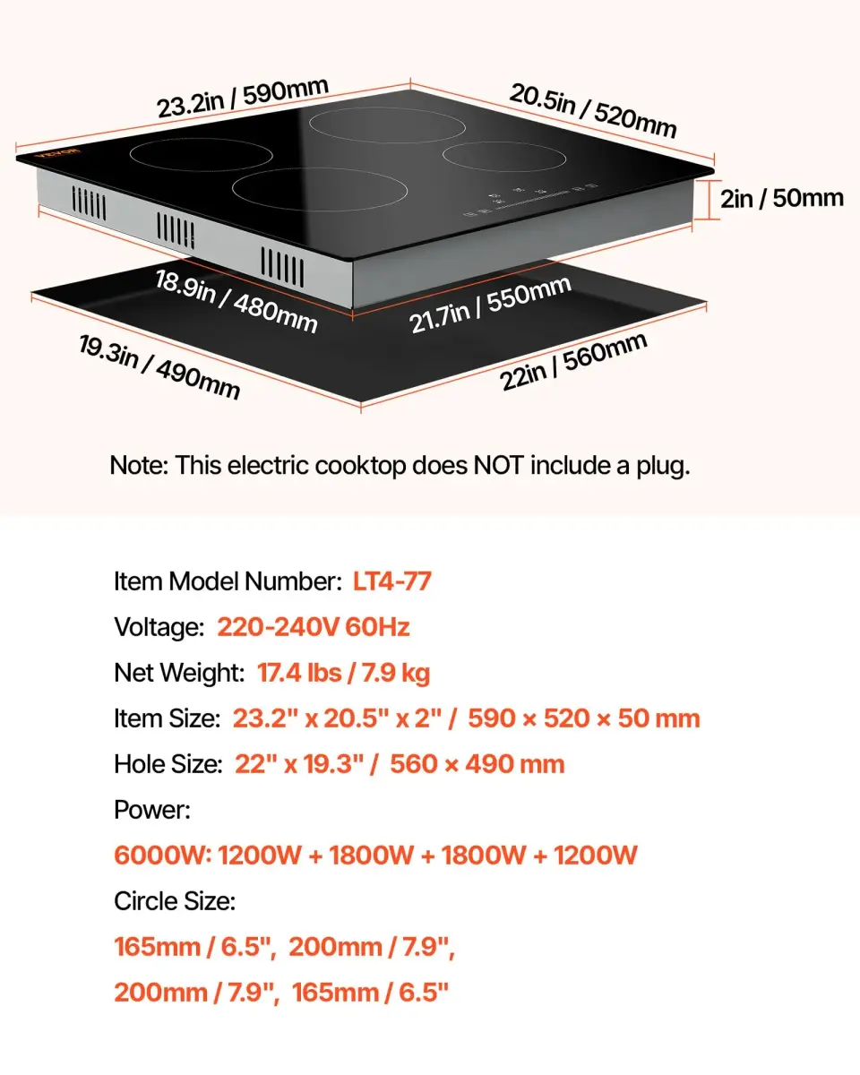 VEVOR LT4-77 Built-in Electric Ceramic Cooktop 6000W 24-inch | 220-240V Touch Control Radiant Stove Top - view 7