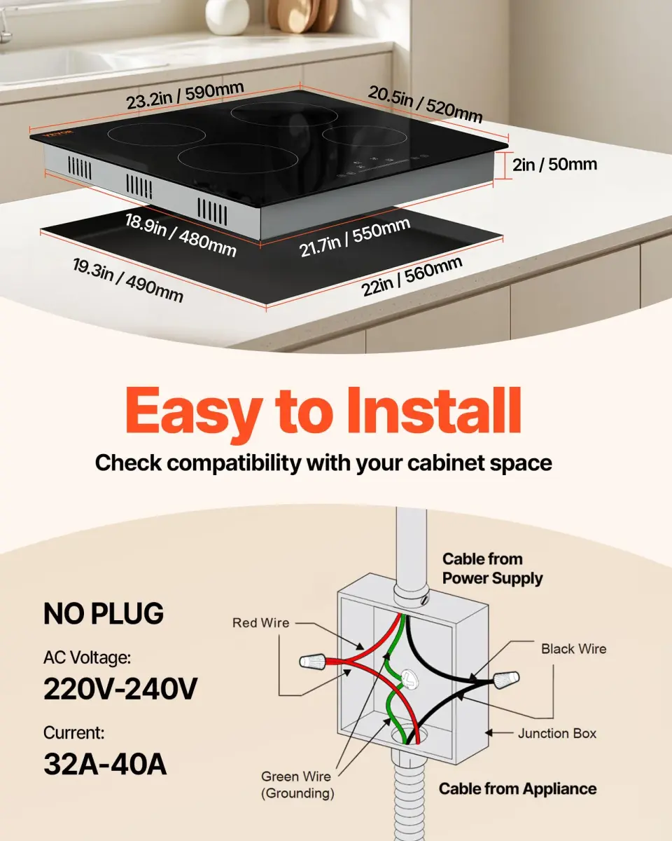 VEVOR LT4-77 Built-in Electric Ceramic Cooktop 6000W 24-inch | 220-240V Touch Control Radiant Stove Top - view 2