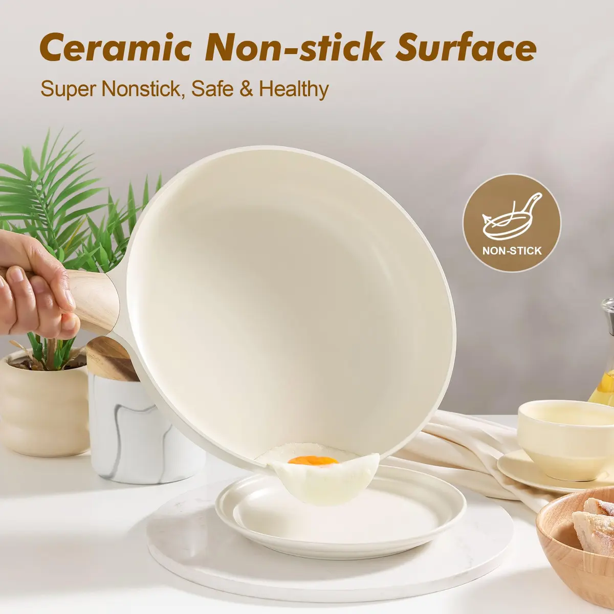 SENSARTE 8-inch Ceramic Nonstick Frying Pan Paella Pan, White | Induction Compatible Healthy Skillet - view 2