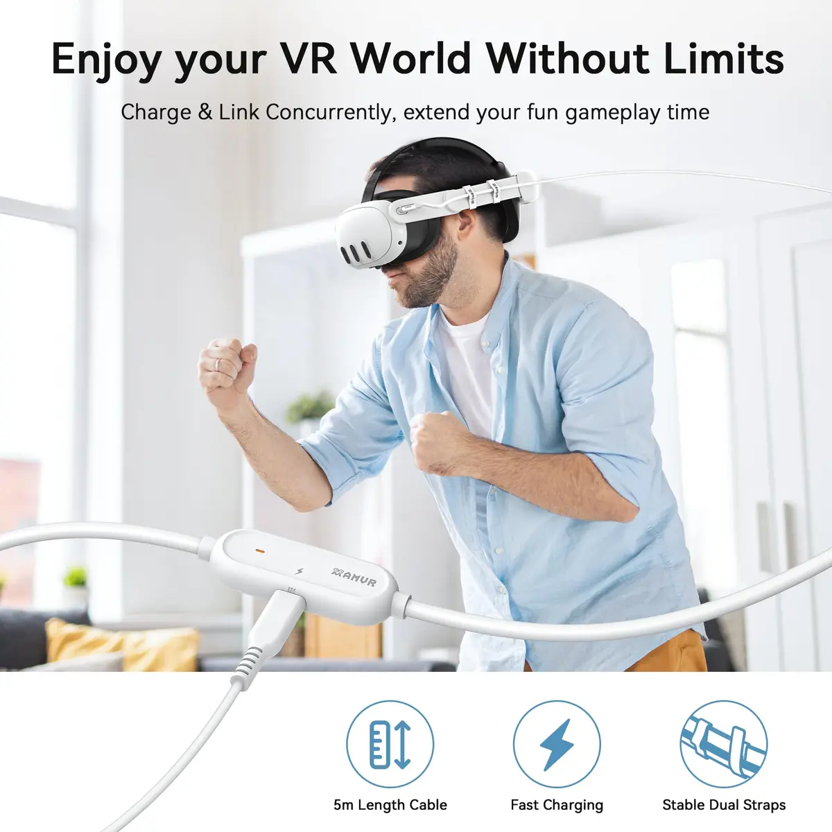 AMVR 16FT(5M) VR Charging Link Cable | USB 3.0 to USB C, 36W Fast Charge, 5Gbps Data Transfer - view 7