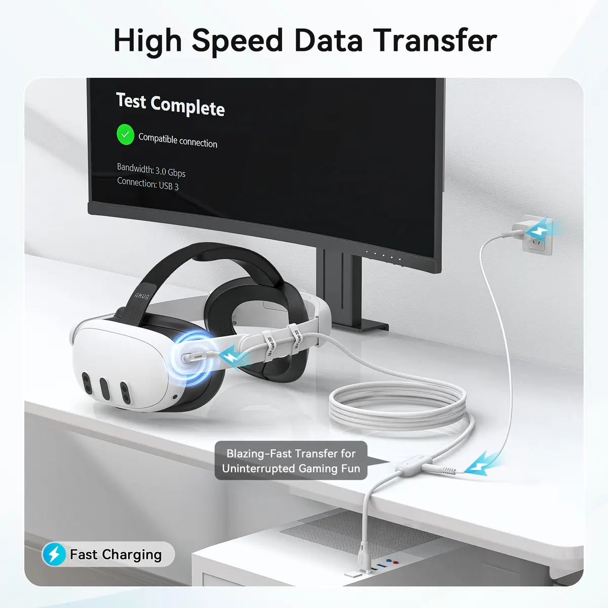 AMVR 16FT(5M) VR Charging Link Cable | USB 3.0 to USB C, 36W Fast Charge, 5Gbps Data Transfer - view 3