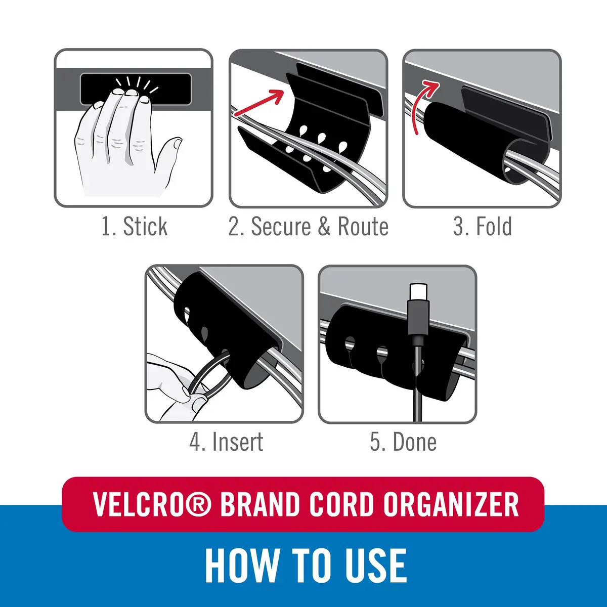 VELCRO Brand Cord Organizer for Desk Cable Management, Nightstand Organization, Dual Function Cable Sleeve Cord Keepers Combo, Holds Wires for Easy Access, Small 2pk Black - view 4