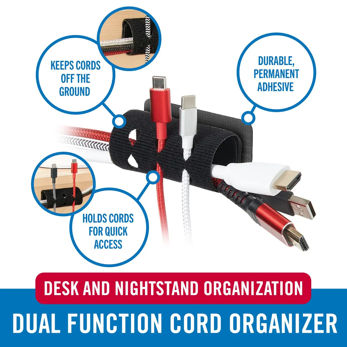 VELCRO Brand Cord Organizer for Desk Cable Management, Nightstand Organization, Dual Function Cable Sleeve Cord Keepers Combo, Holds Wires for Easy Access, Small 2pk Black - view 2