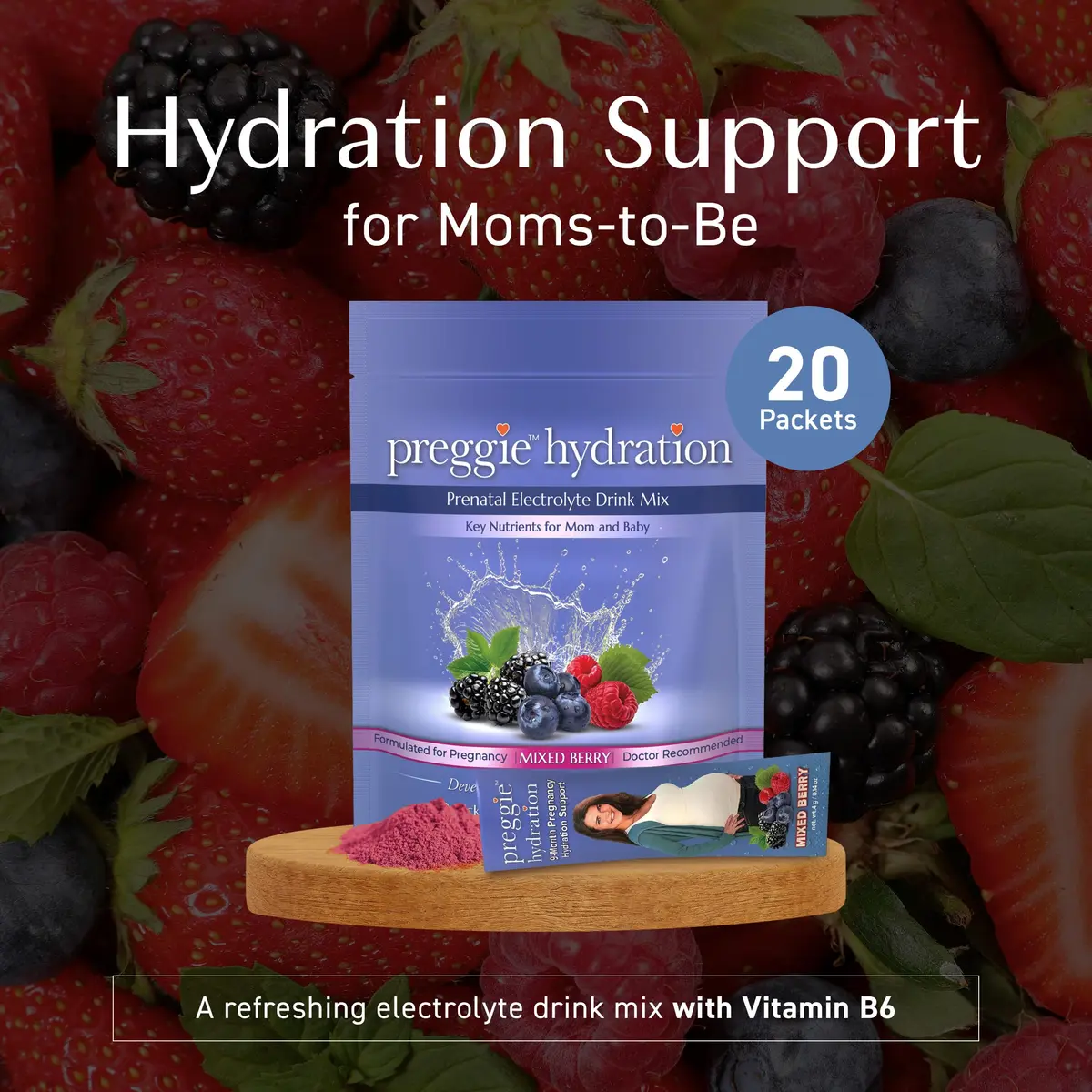 Three Lollies Preggie Hydration with Vitamin B6, Mixed Berry | Pregnancy Electrolyte Support (70-120 chars) - view 2