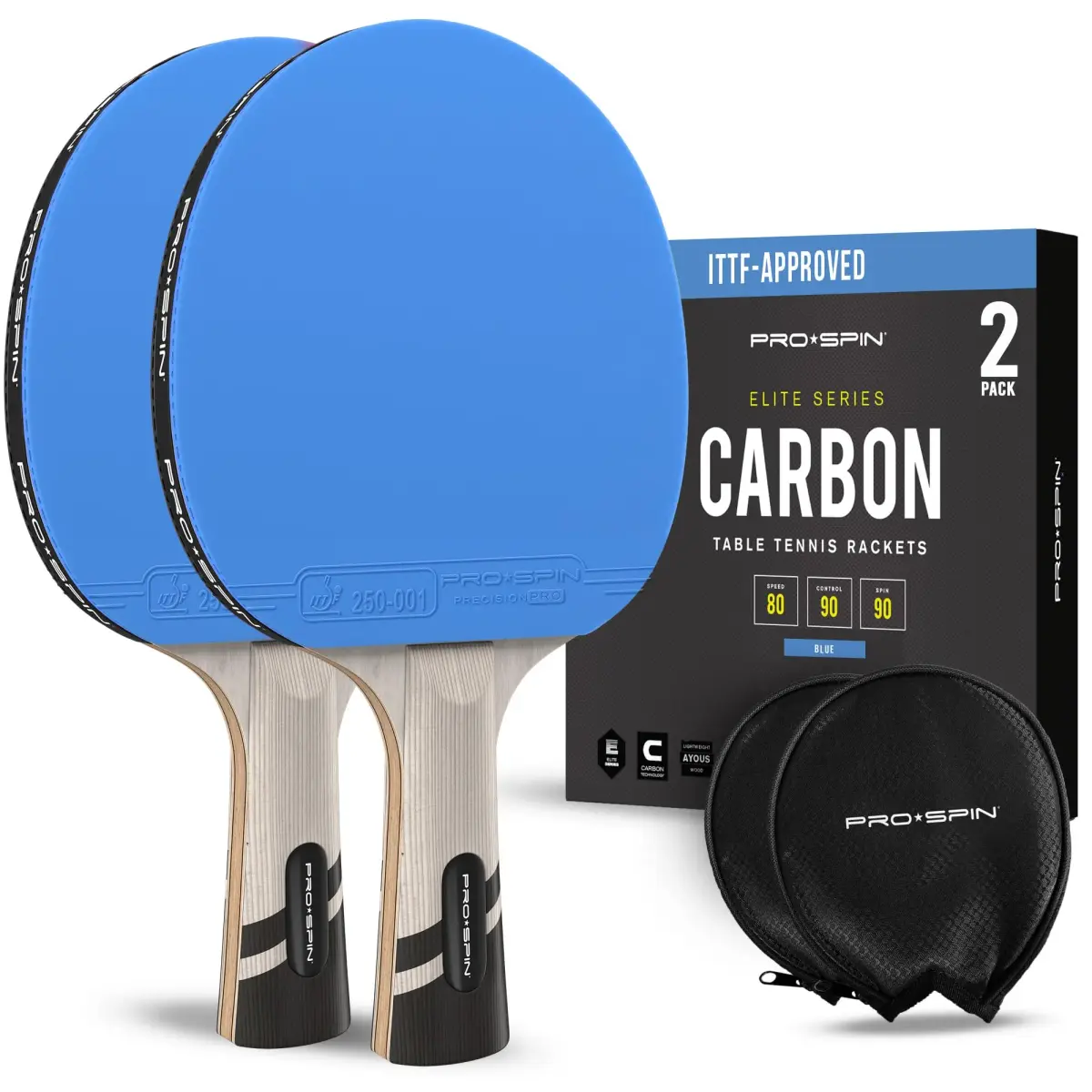 PRO-SPIN ITTF Approved Carbon Fiber Table Tennis Rackets | 7-Ply Blade, 2.0mm Sponge, Shakehand Grip (Blue, 2-Pack) - main product image