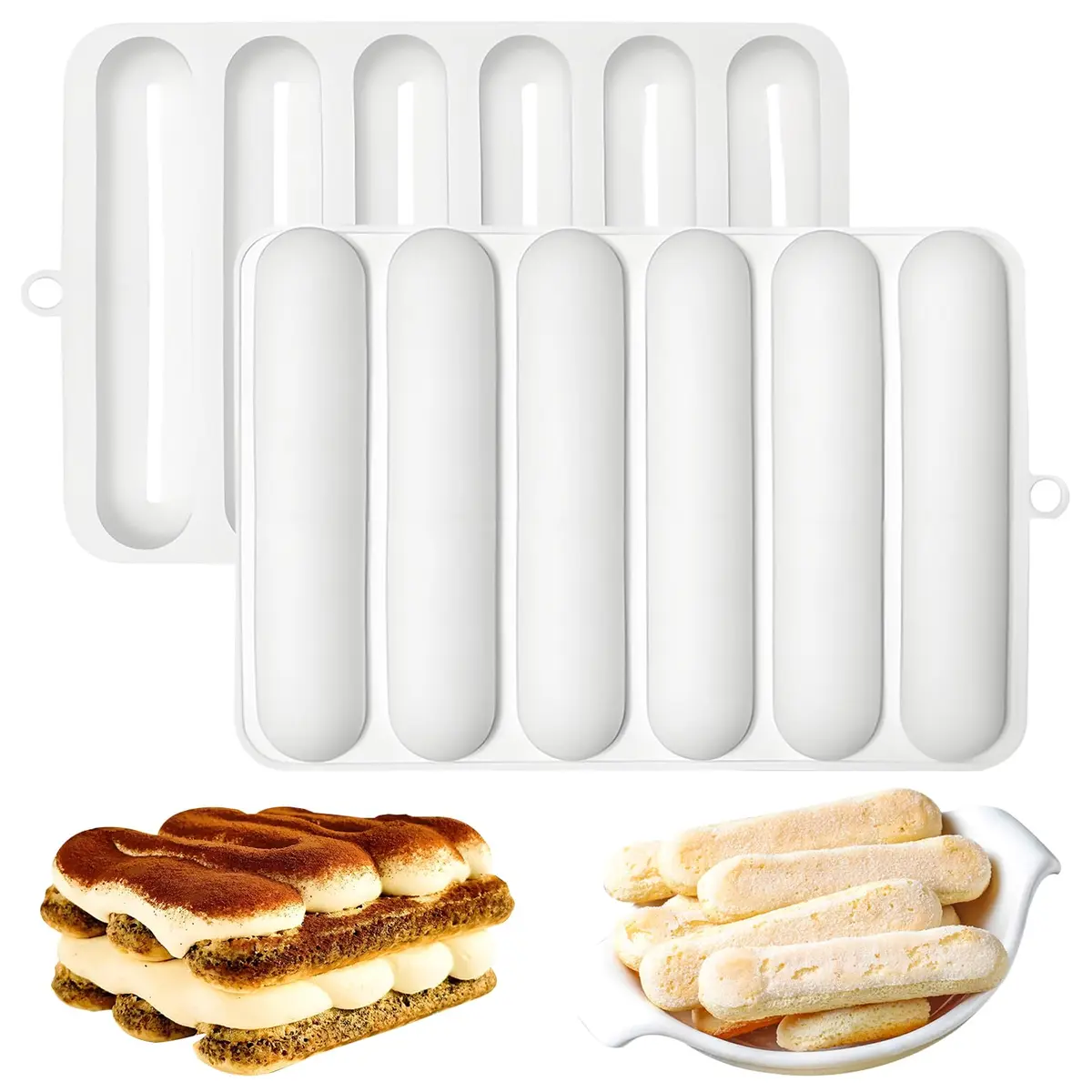 Fchil Silicone Eclair Mold for Ladyfinger Biscuit & Hot Dog Buns | 6-Cavity, Food-Grade Silicone, Oven & Freezer Safe - main product image