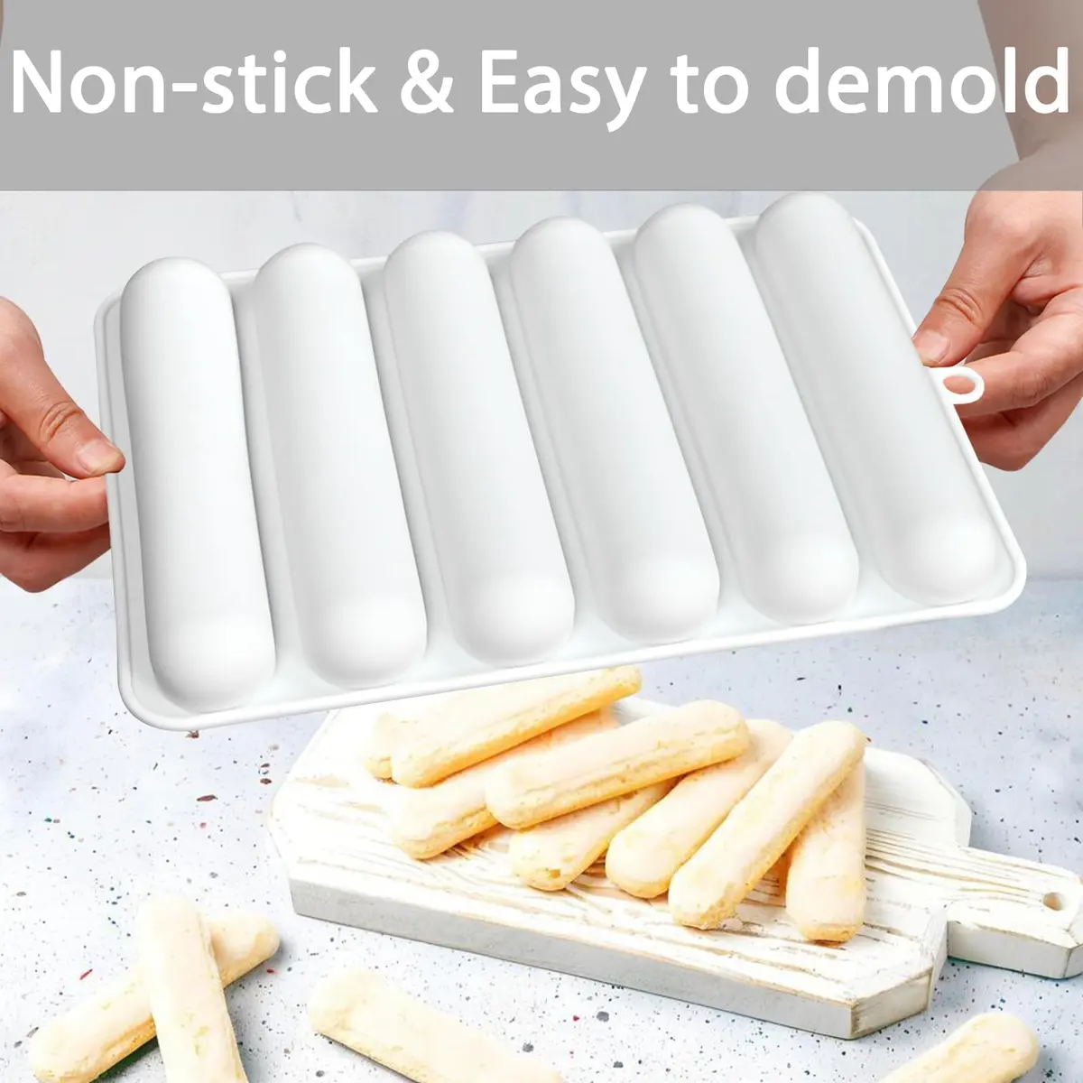 Fchil Silicone Eclair Mold for Ladyfinger Biscuit & Hot Dog Buns | 6-Cavity, Food-Grade Silicone, Oven & Freezer Safe - view 3