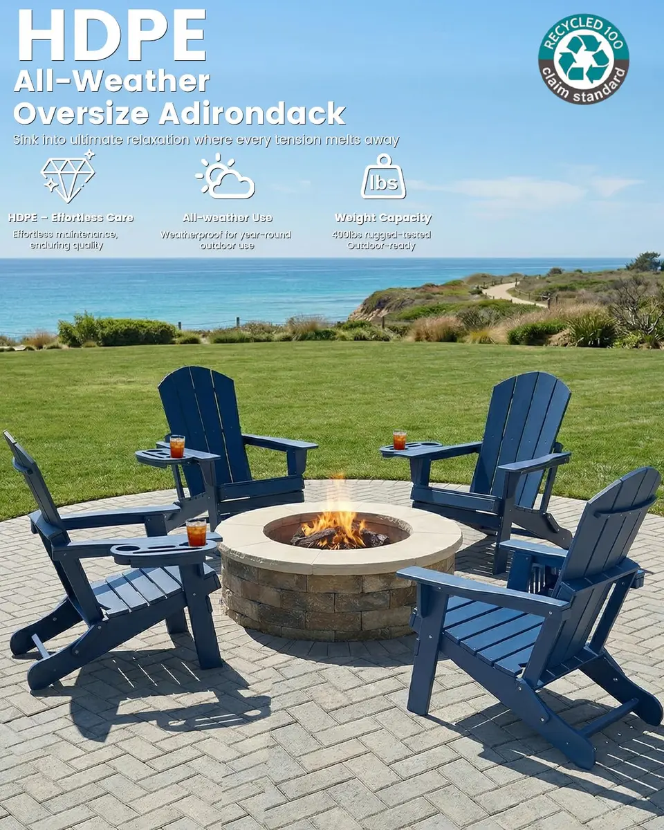 FOOWIN Folding Adirondack Chair Set of 6 | Weatherproof HDPE Outdoor Chairs with 4-in-1 Cup Holder (29.5x31x36 inches) - view 6