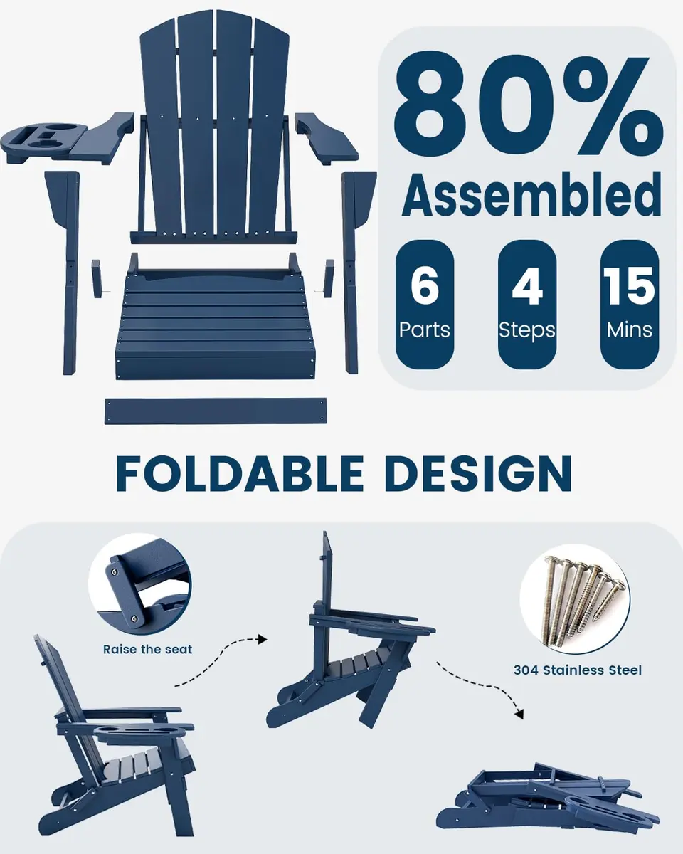 FOOWIN Folding Adirondack Chair Set of 6 | Weatherproof HDPE Outdoor Chairs with 4-in-1 Cup Holder (29.5x31x36 inches) - view 8